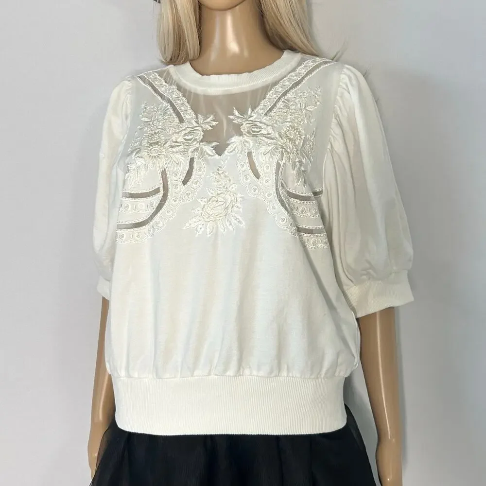 Anthropologie Embroidered Mesh Yoke Puff Sleeve Sweatshirt Top Women’s Medium